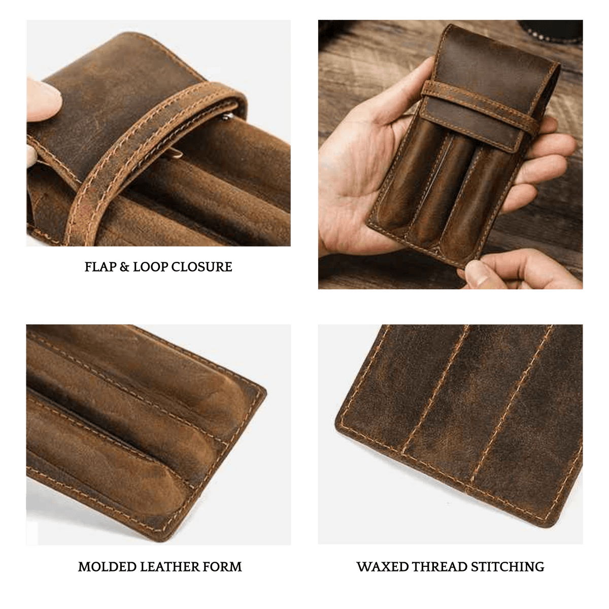 Leather pen case with strap closure displayed for portable storage