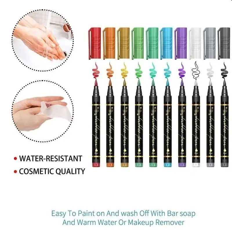 Colorful Tattoo Marker Pens for Halloween and Party Fun 10-Pack