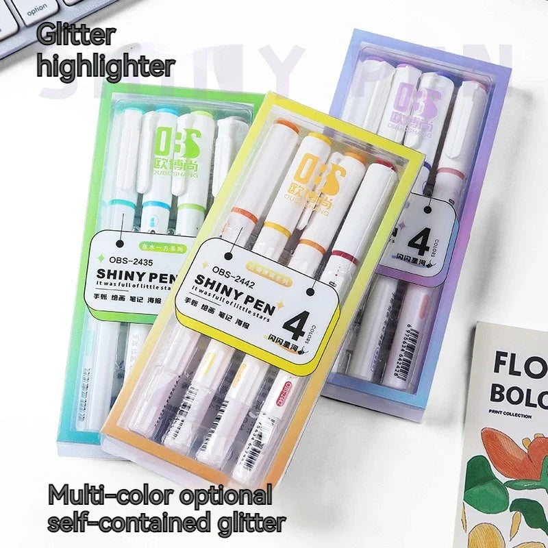 Kawaii 4-Piece Glitter Highlighter Pen Set