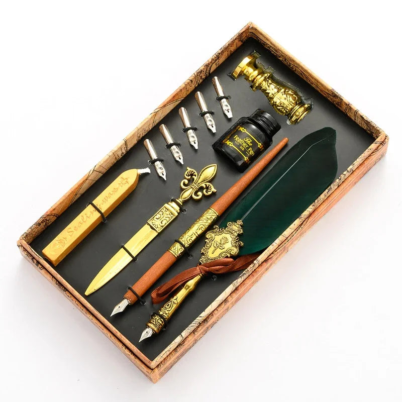 Vintage Gold Feather Fountain Pen Set