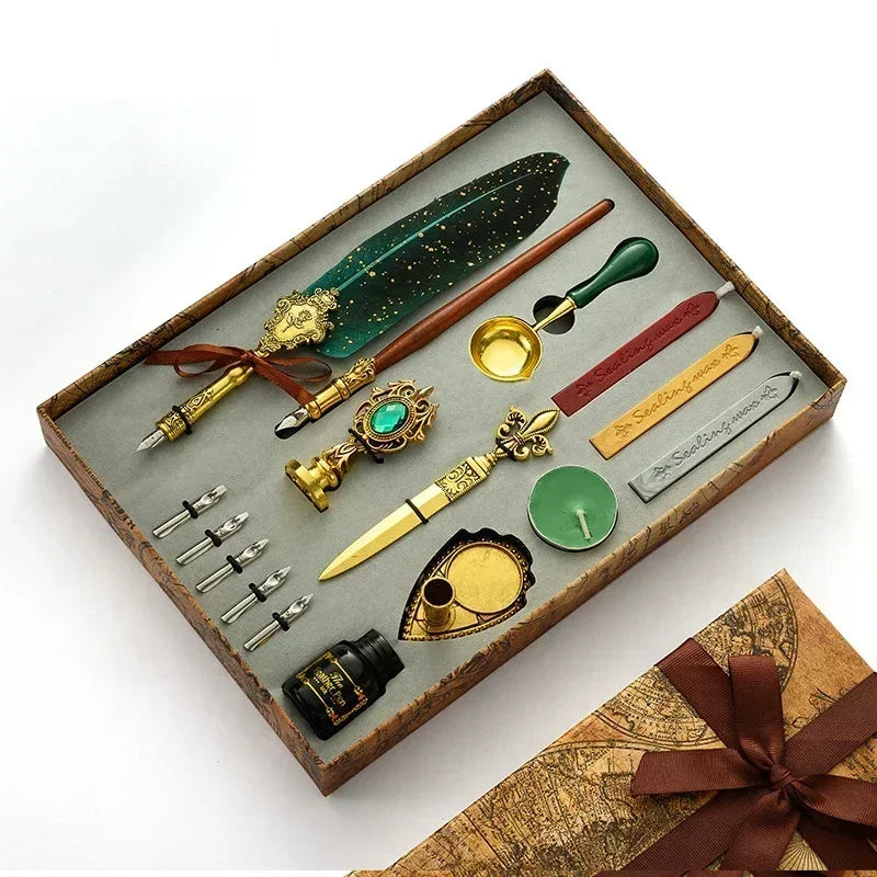 Antique Wooden Feather Dip Pen and Wax Seal Stamp Kit