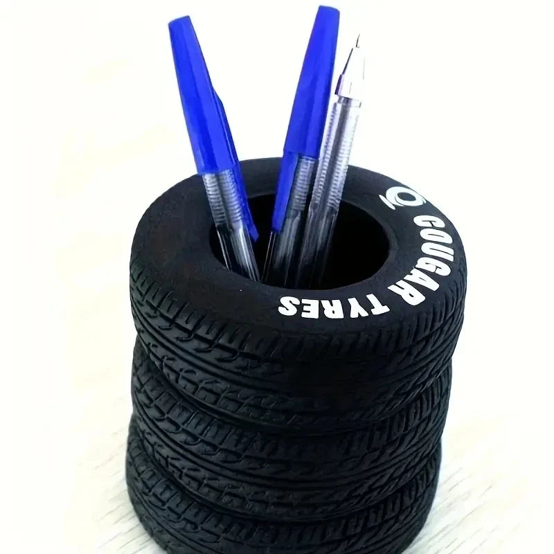 Creative desk accessory storing pens in a playful tire design