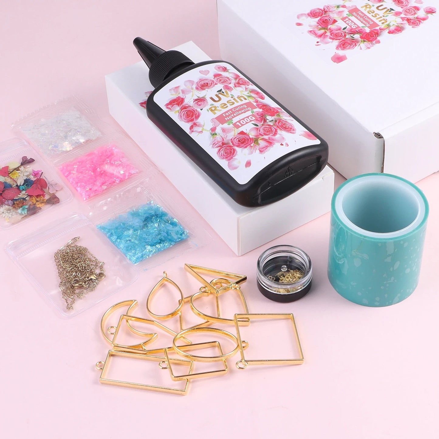 18PCS DIY Resin Jewelry Kit – UV Glue, Frames & Fillings for Creative Family Fun