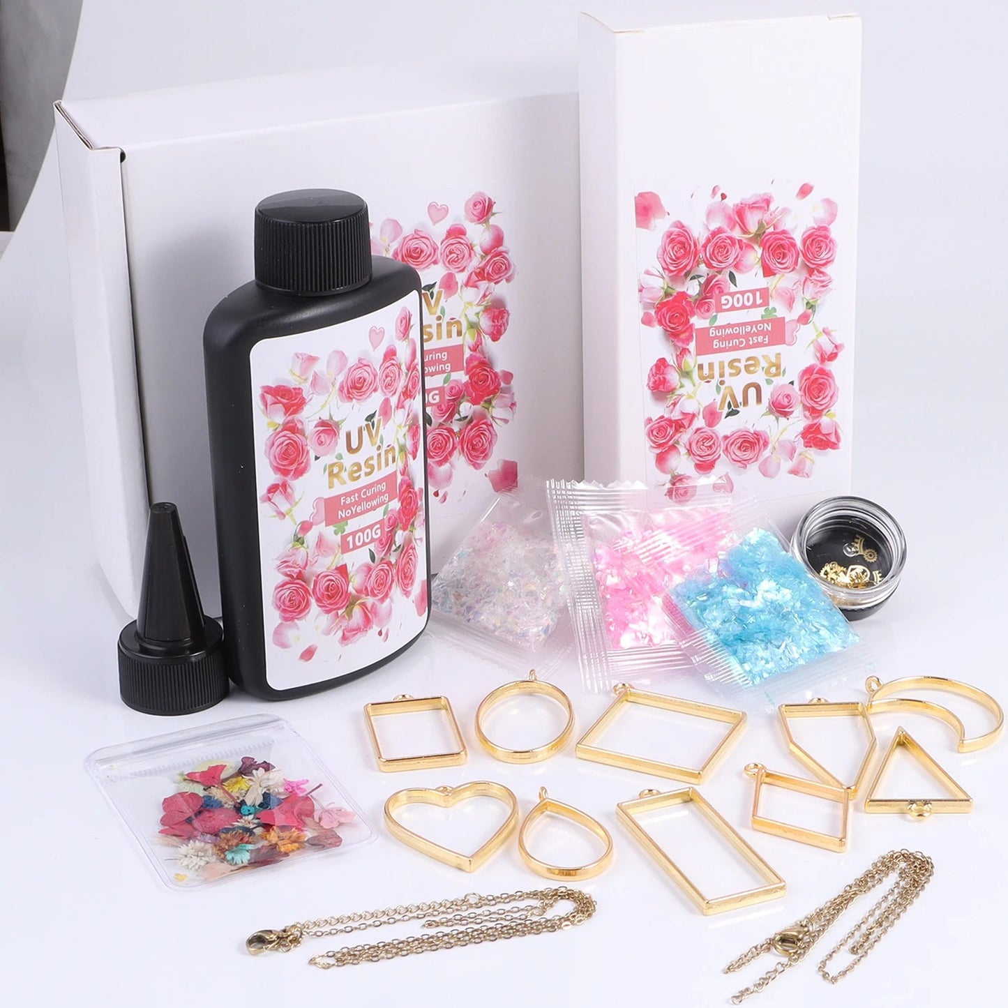 18PCS DIY Resin Jewelry Kit – UV Glue, Frames & Fillings for Creative Family Fun
