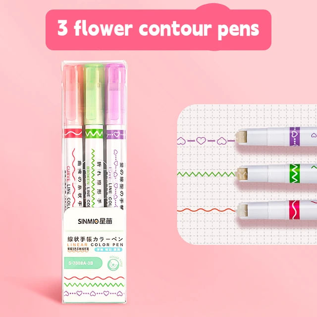 3-Piece Kawaii Flowers Line Shaped Highlighter Pen Set