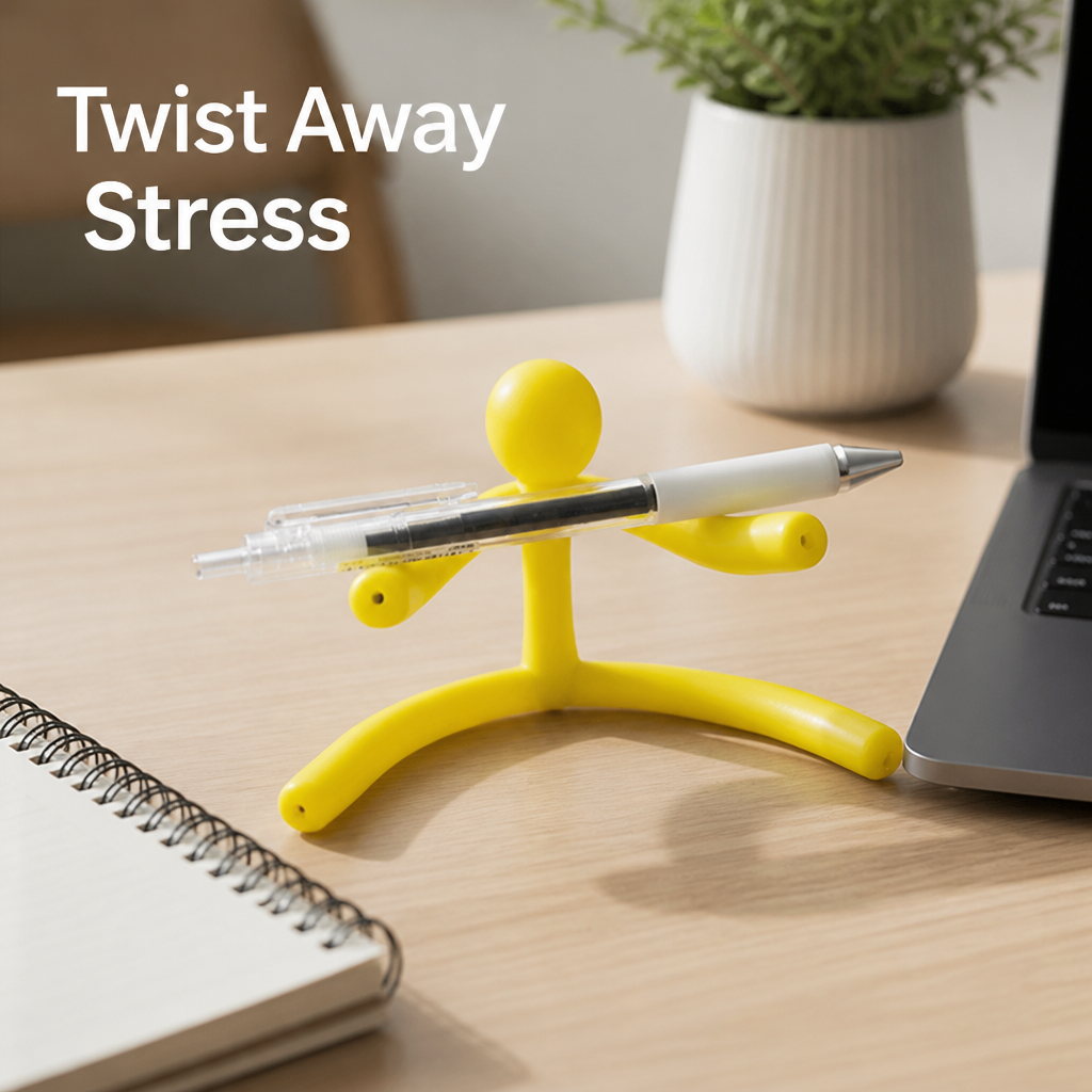 Bendable fidget toy arranged as a phone stand on a desk