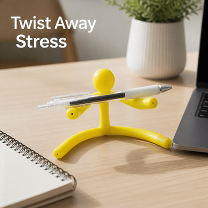 Bendable fidget toy arranged as a phone stand on a desk