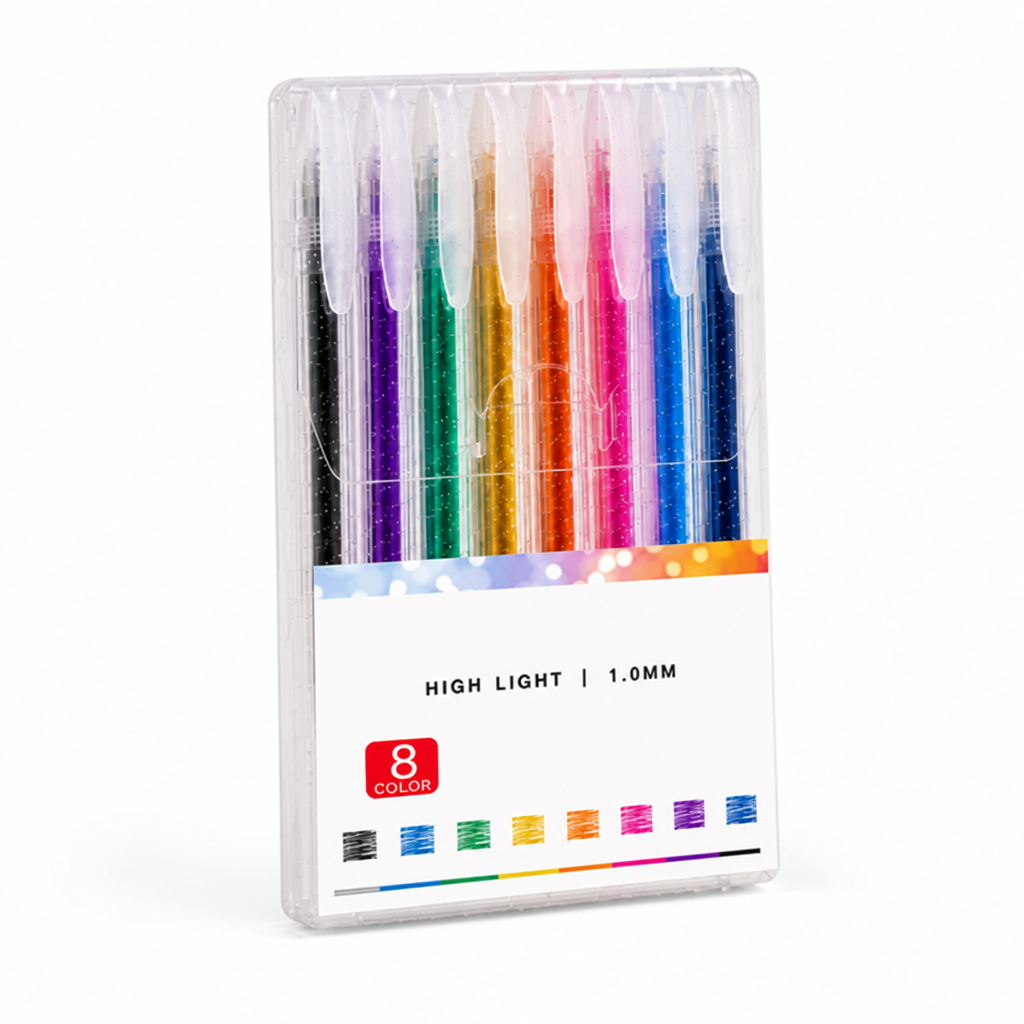 Set of glitter gel pens with fine 1.0 mm tips arranged together