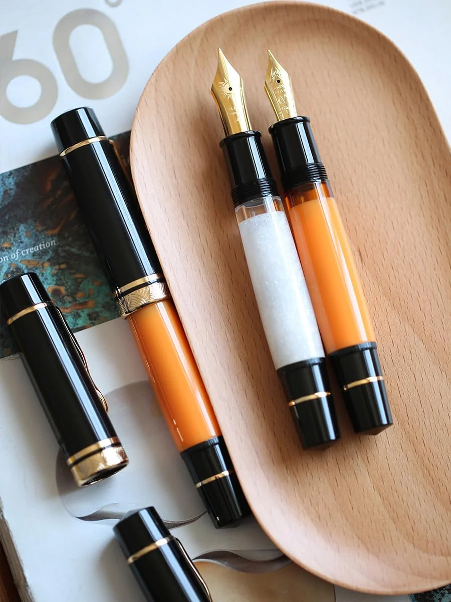 Sun-Carved Fountain Pen With Size 8 Fine Nib Orange And Black