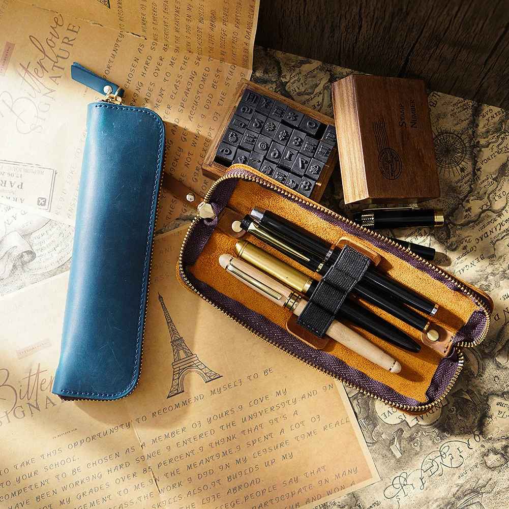 Leather case designed to hold four pens