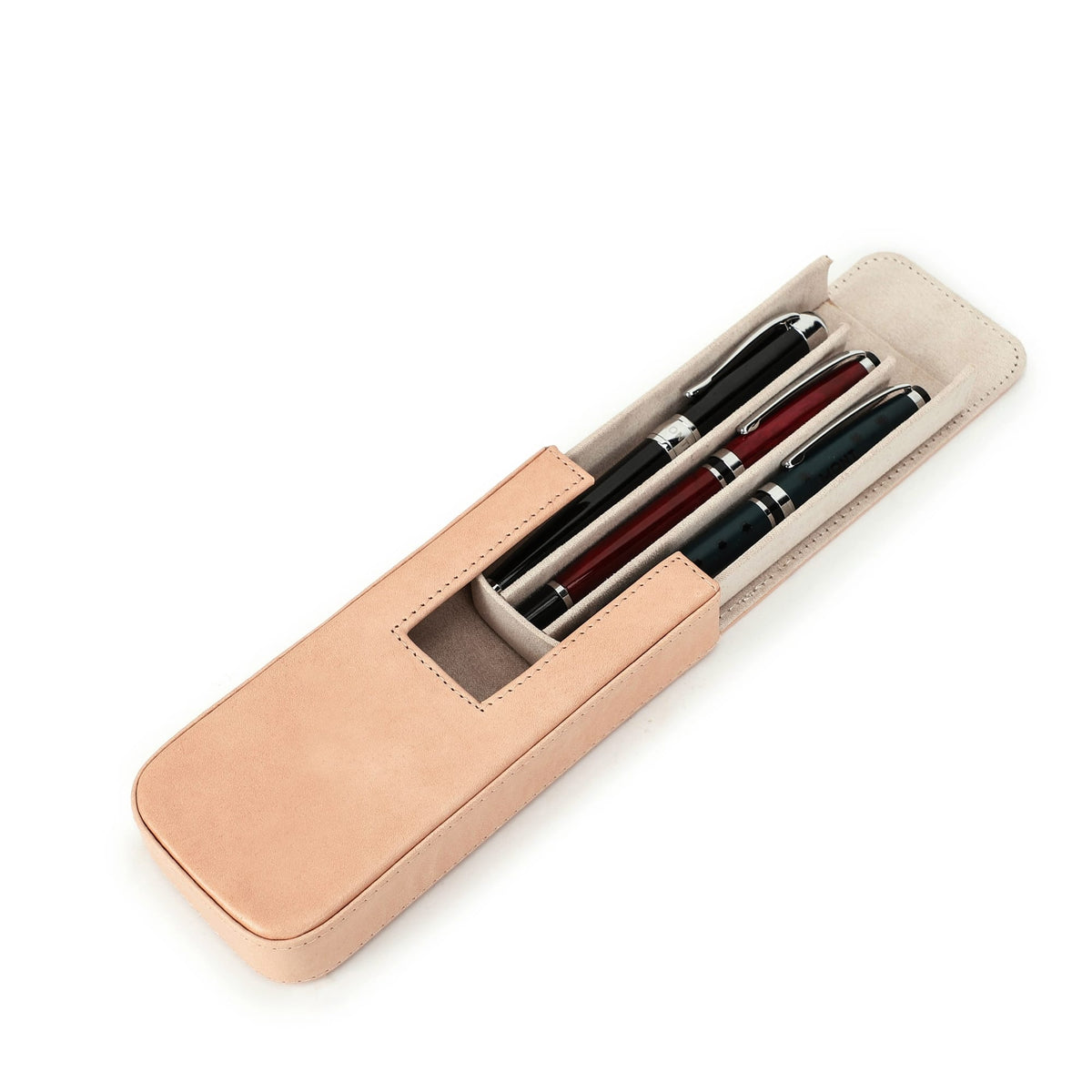 Closed leather pen case positioned for portable everyday storage