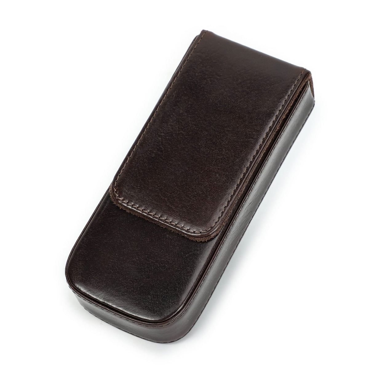 Leather pen case opened to show three individual pen slots
