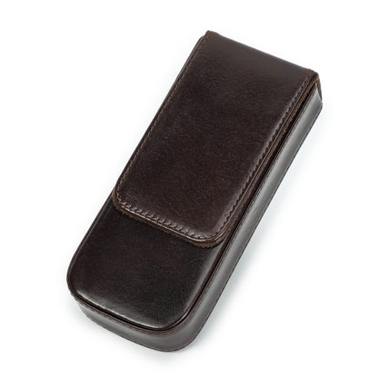 Leather pen case opened to show three individual pen slots