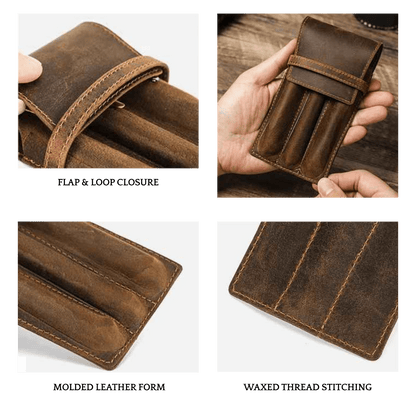 Leather pen case with strap closure displayed for portable storage