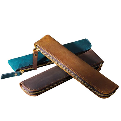 Pencil Case Genuine Cowhide Leather Retro Zipper Pouch