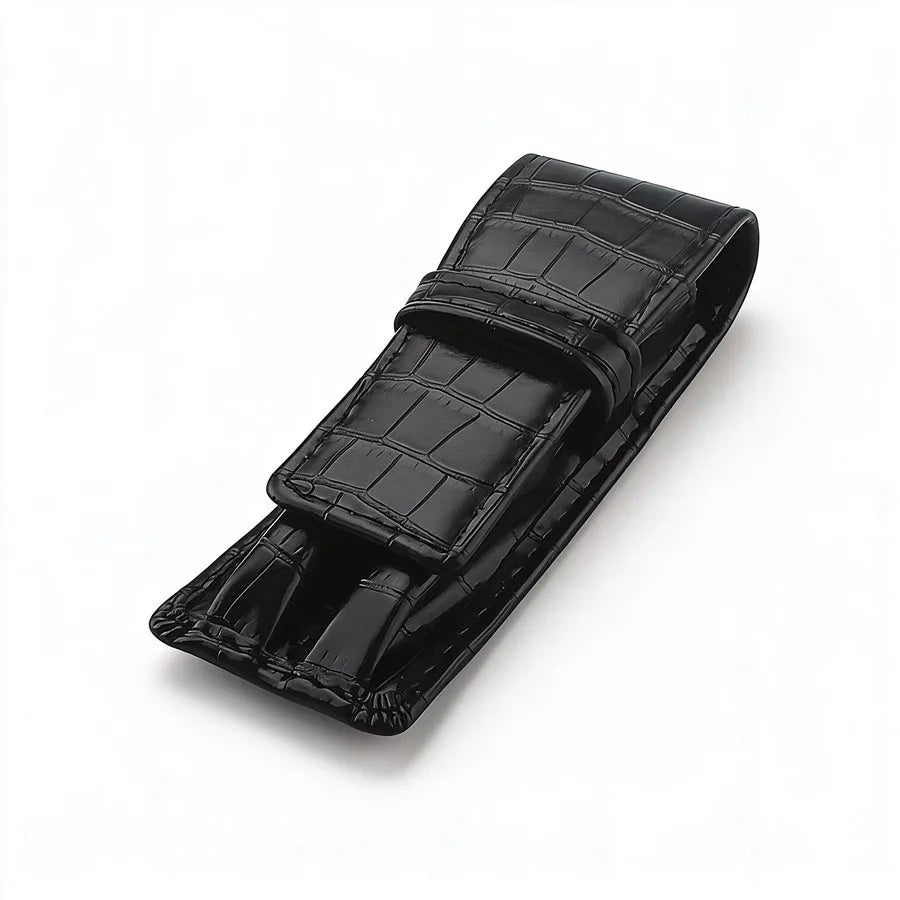 Pen Case Crocodile Pu Leather Black 2 Pen Slots