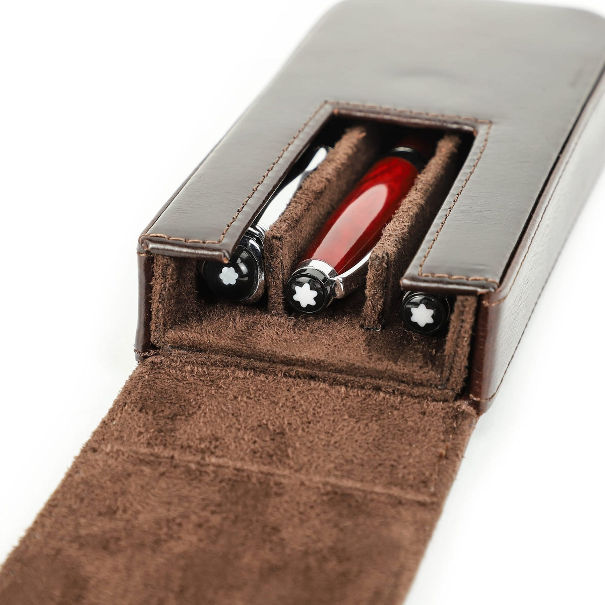 Open pen case showing the removable tray and interior organization