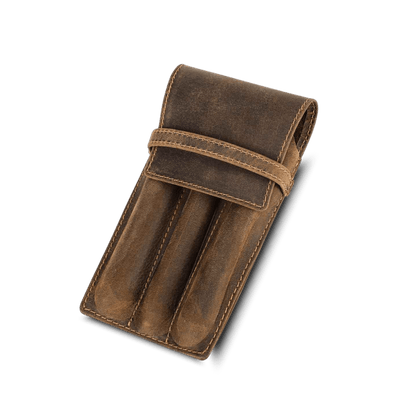 Compact leather pen pouch designed to hold three pens