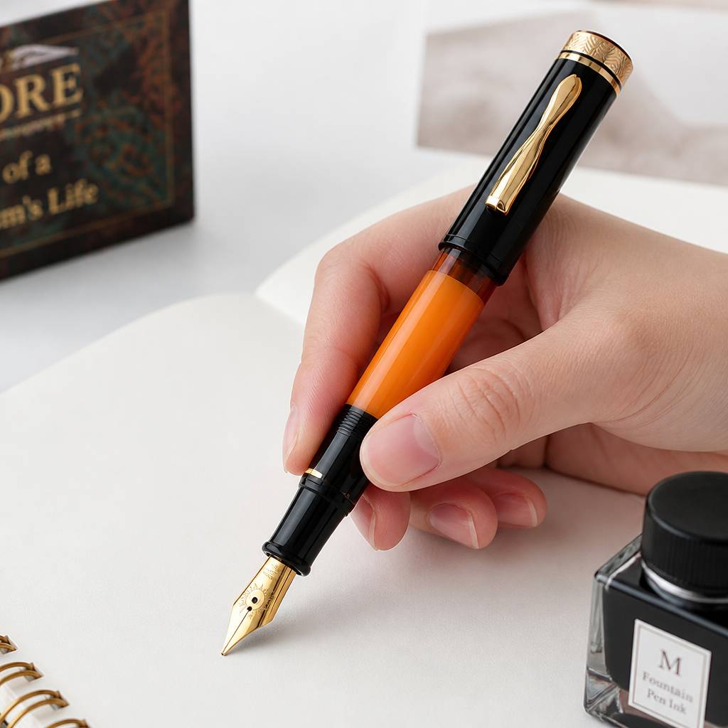 Sun-Carved Fountain Pen With Size 8 Fine Nib Orange And Black
