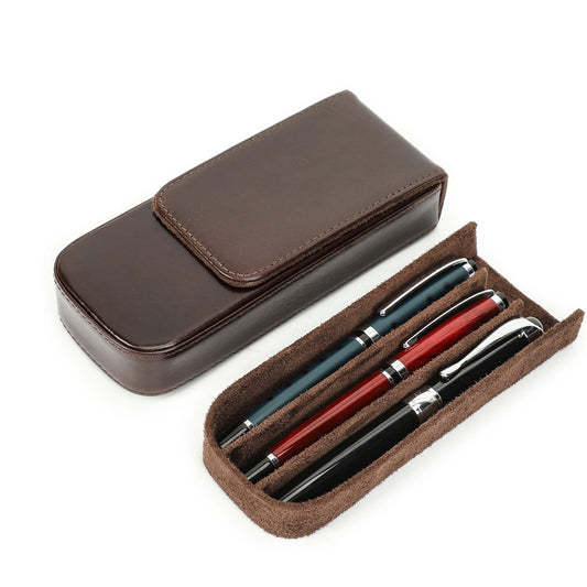 Leather three-pen case shown closed with a secure protective design