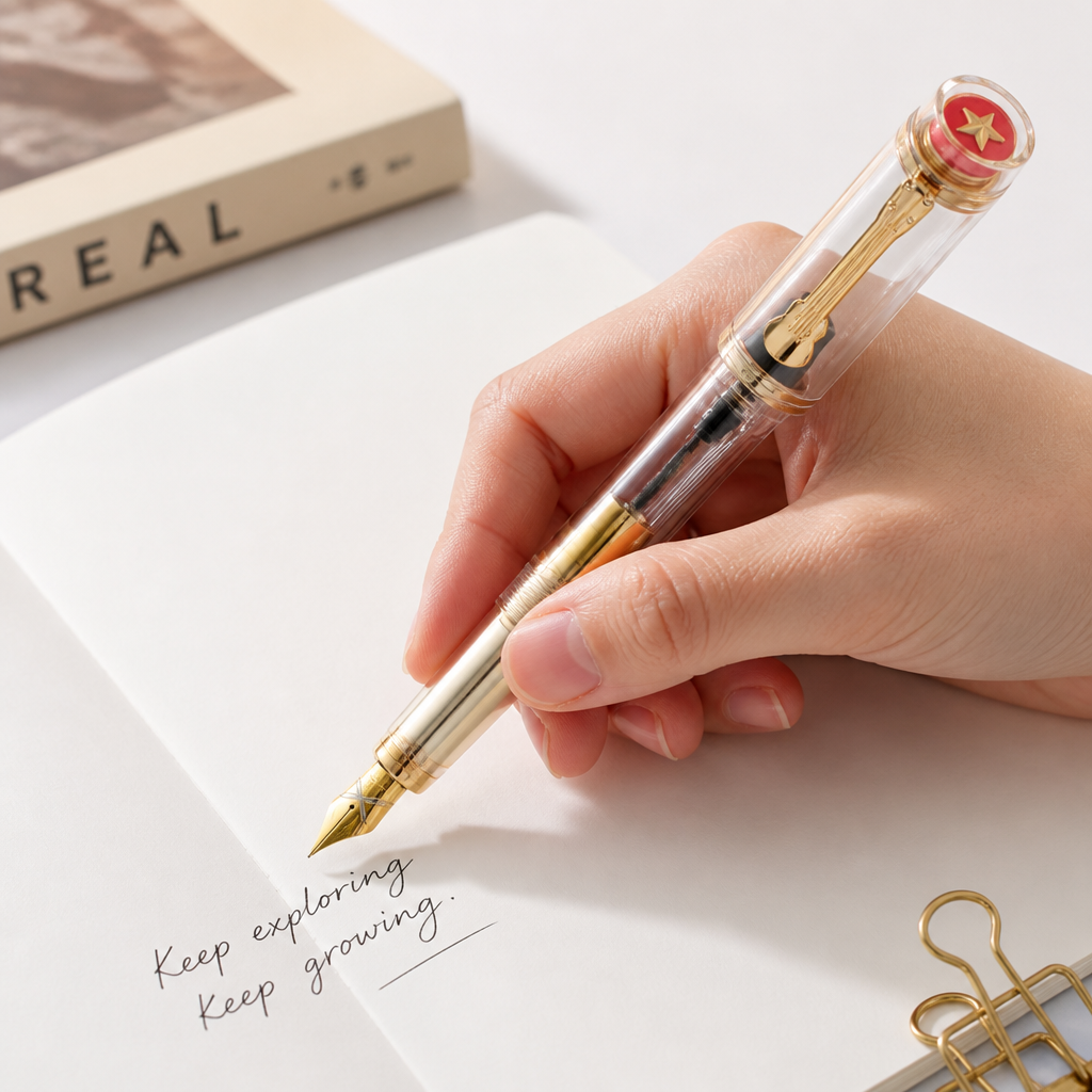 Red Star Cap Transparent Resin Fountain Pen