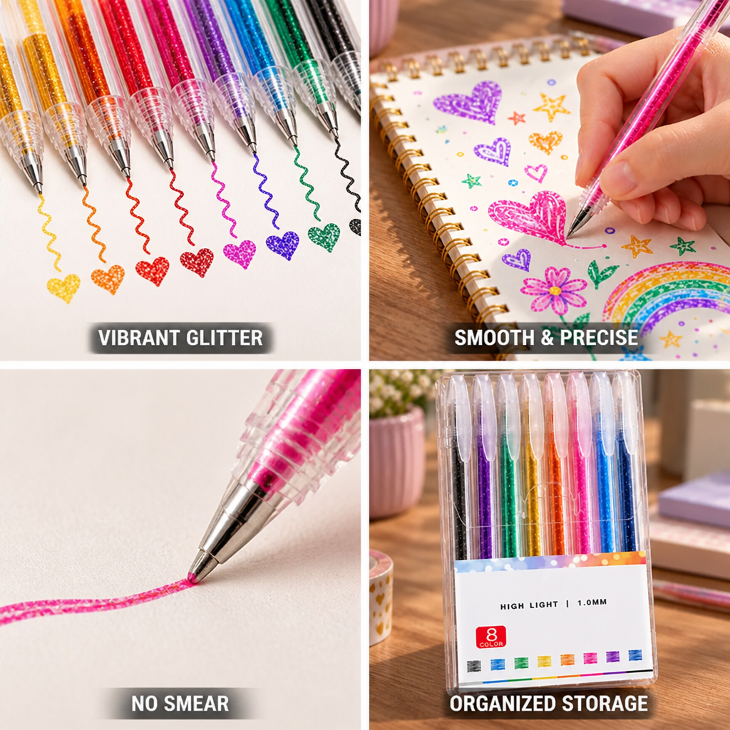 Glitter gel pens displayed in a neat set for writing and drawing