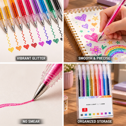 Glitter gel pens displayed in a neat set for writing and drawing