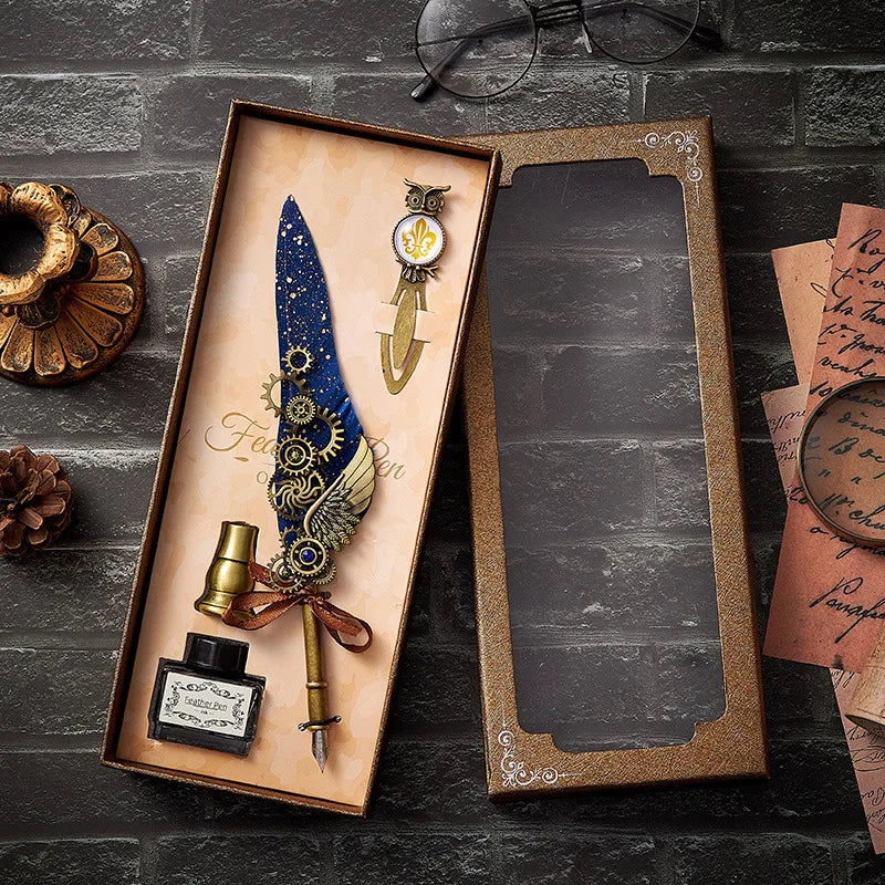 Vintage Mechanical Feather Dip Pen Set