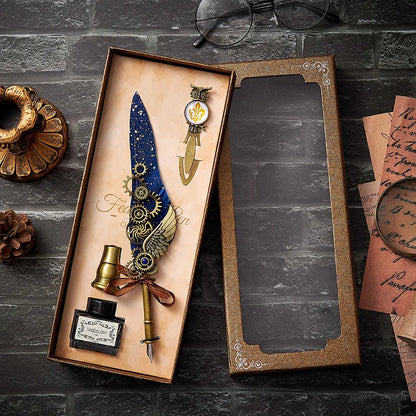 Vintage Mechanical Feather Dip Pen Set