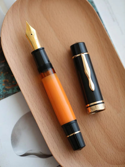 Sun-Carved Fountain Pen With Size 8 Fine Nib Orange And Black