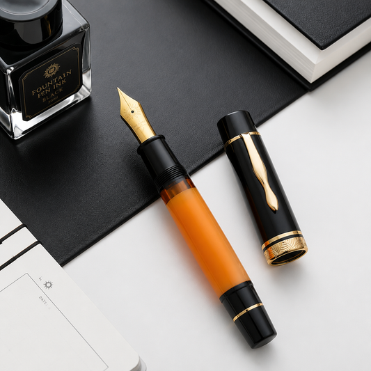 Sun-Carved Fountain Pen With Size 8 Fine Nib Orange And Black