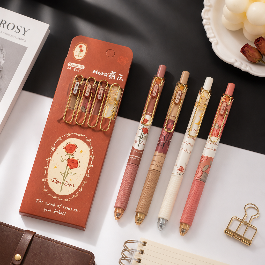 Gel Ink Pen Set With Rose Theme