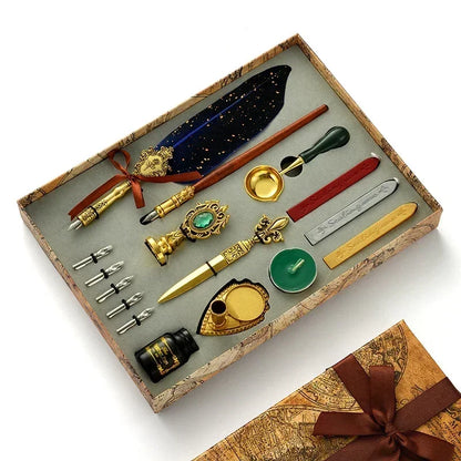 Antique Wooden Feather Dip Pen and Wax Seal Stamp Kit