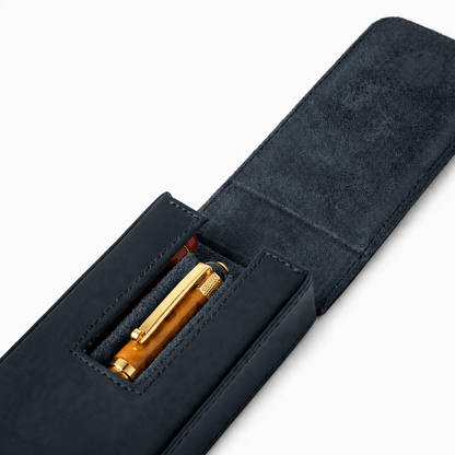 Leather pen case shown from the side