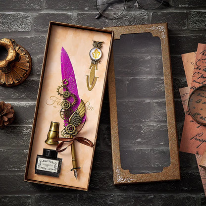 Vintage Mechanical Feather Dip Pen Set