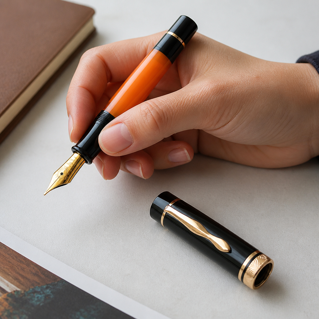 Sun-Carved Fountain Pen With Size 8 Fine Nib Orange And Black