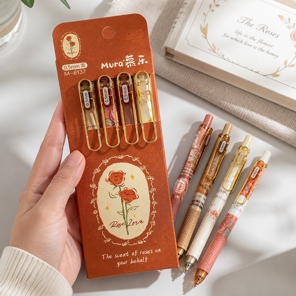 Gel Ink Pen Set With Rose Theme