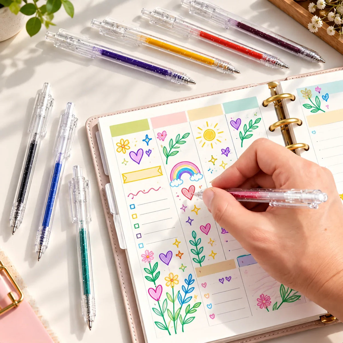 Glitter gel pen set presented for journaling, lettering, and art projects