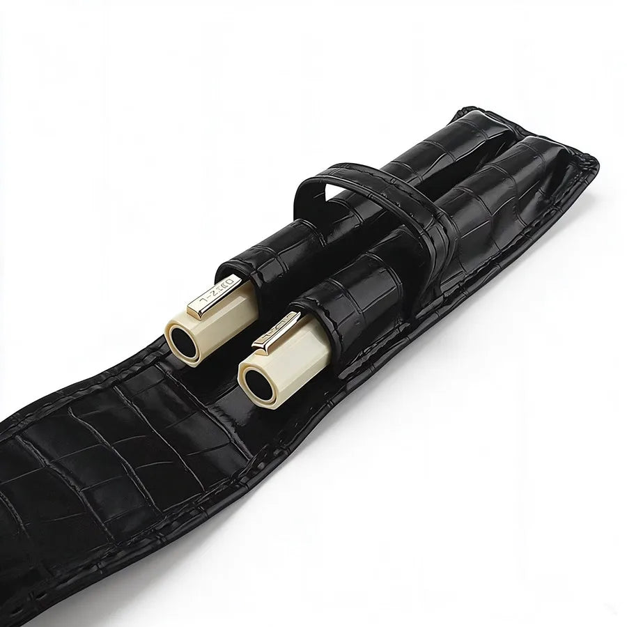 Pen Case Crocodile Pu Leather Black 2 Pen Slots