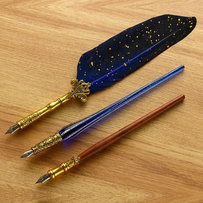 Antique Wooden Feather Dip Pen and Wax Seal Stamp Kit