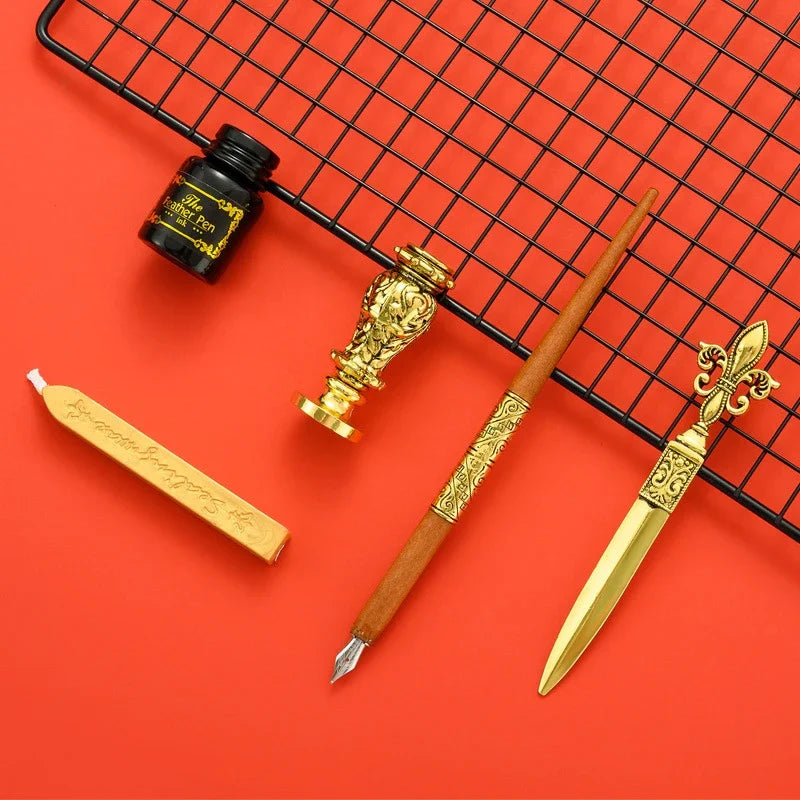 Vintage Gold Feather Fountain Pen Set