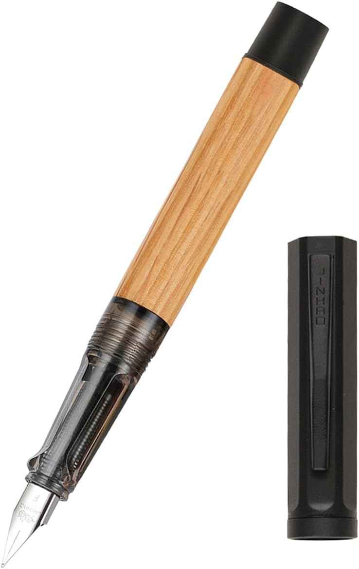 Fountain pen with natural oak barrel and silver-tone writing tip