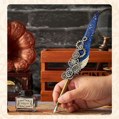 Vintage Mechanical Feather Dip Pen Set