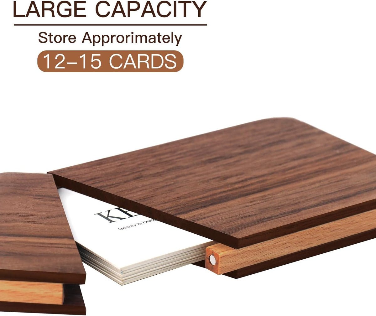 Side view of the walnut wooden business card holder and magnetic closure