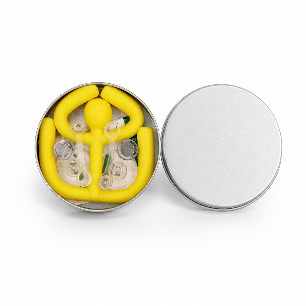 Bendable fidget toy shown from the side with a phone
