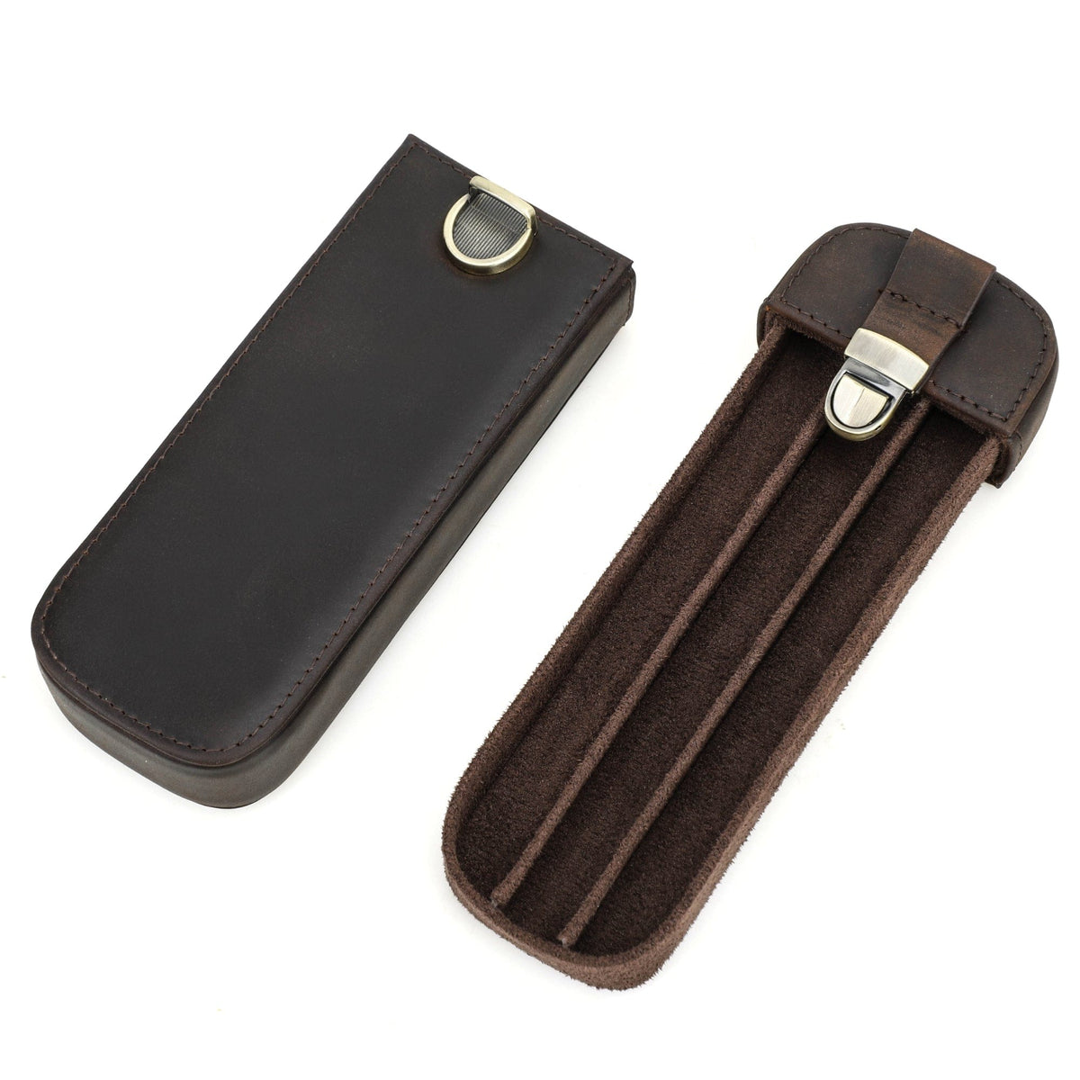Leather three-pen case resting on a desk
