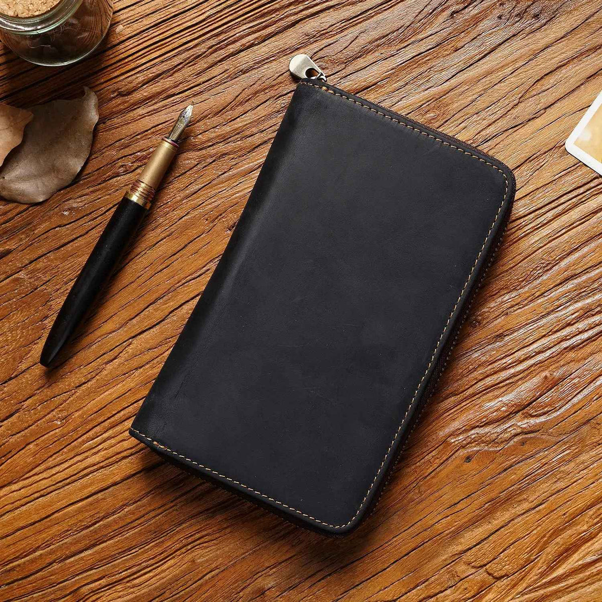 Portable leather pen organizer for travel and daily carry