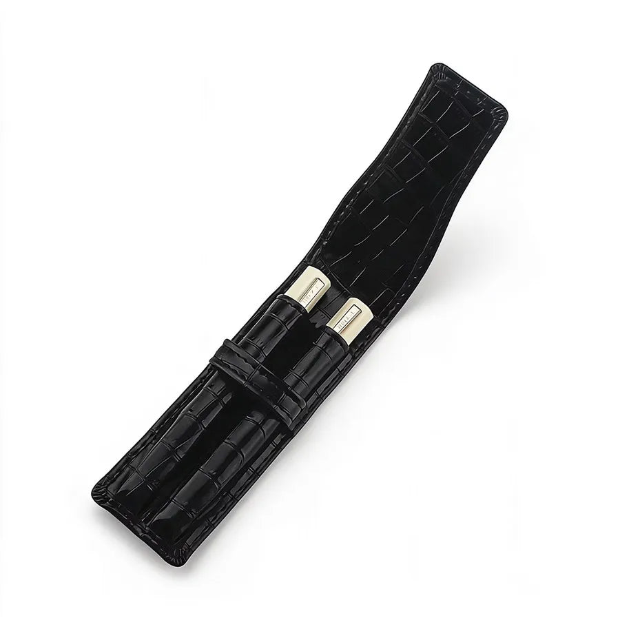Pen Case Crocodile Pu Leather Black 2 Pen Slots