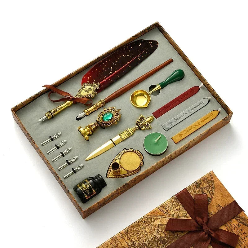 Antique Wooden Feather Dip Pen and Wax Seal Stamp Kit