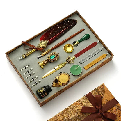 Antique Wooden Feather Dip Pen and Wax Seal Stamp Kit